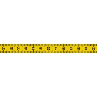 Skalenbandmaß Duplex-Teilung, 13 mm breit Nullpunkt in der Mitte, nach links und rechts steigend, gelb mit Polyamidbeschichtung mit Selbstklebefolie